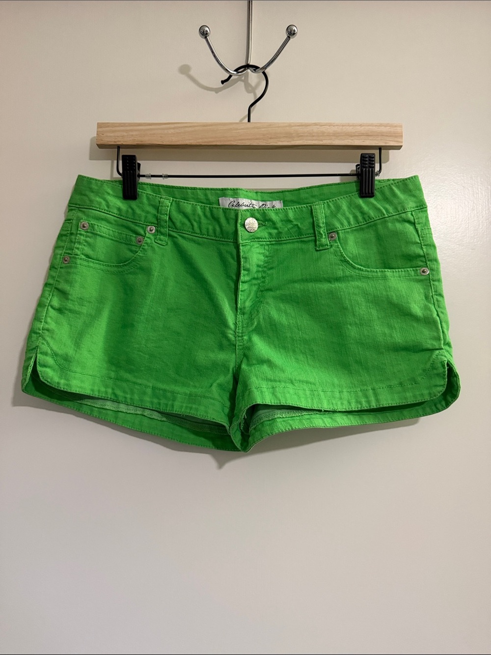 Celebrity Pink Neon Green Denim Shortie Shorts